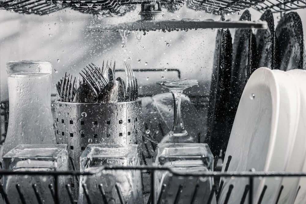 Inside a loaded dishwasher